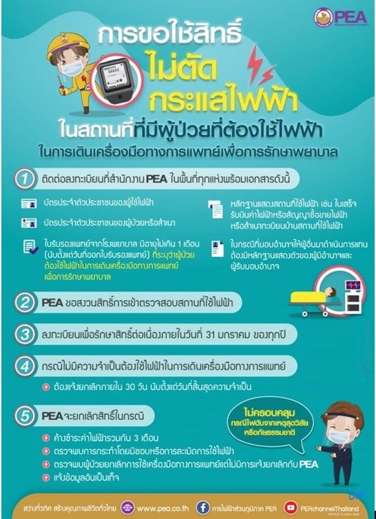 ประชาสัมพันธ์การขอใช้ัสิทธิไม่ตัดกระแสไฟฟ้าในสถานที่ที่มีผู้ป่วยที่ต้องใช้ไฟฟ้า